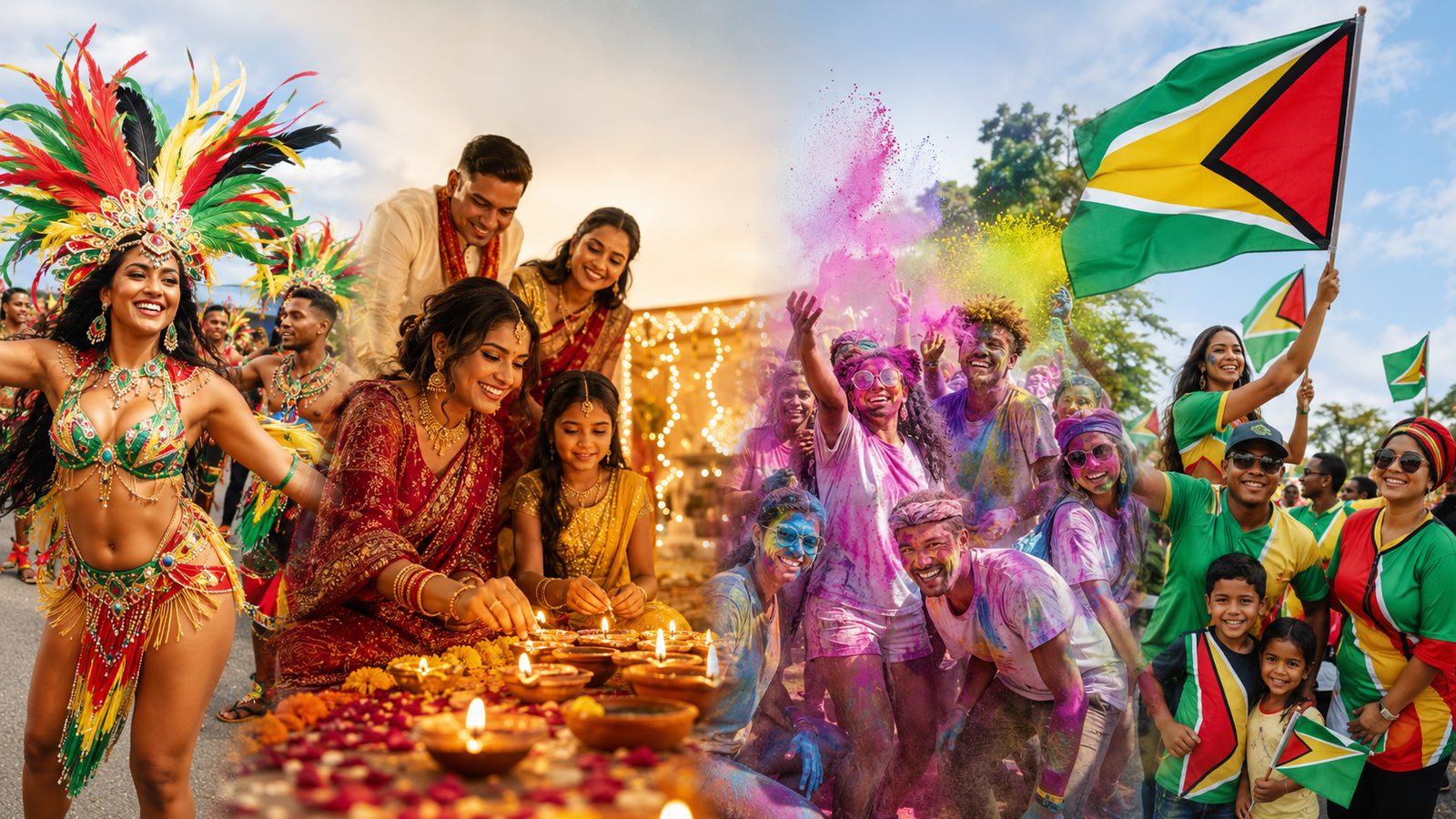 Scenes of Guyanese celebration — carnival costume, Diwali lamps, Phagwah colours, and supporters waving the Golden Arrowhead