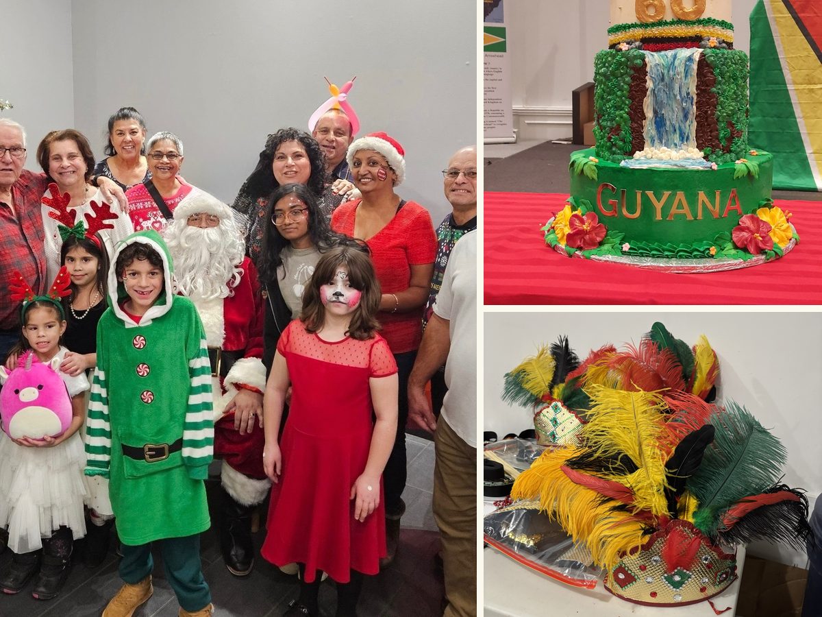 Three GCCA celebrations — the family Christmas party with Santa, the 60th Independence cake, and Carifest headdresses
