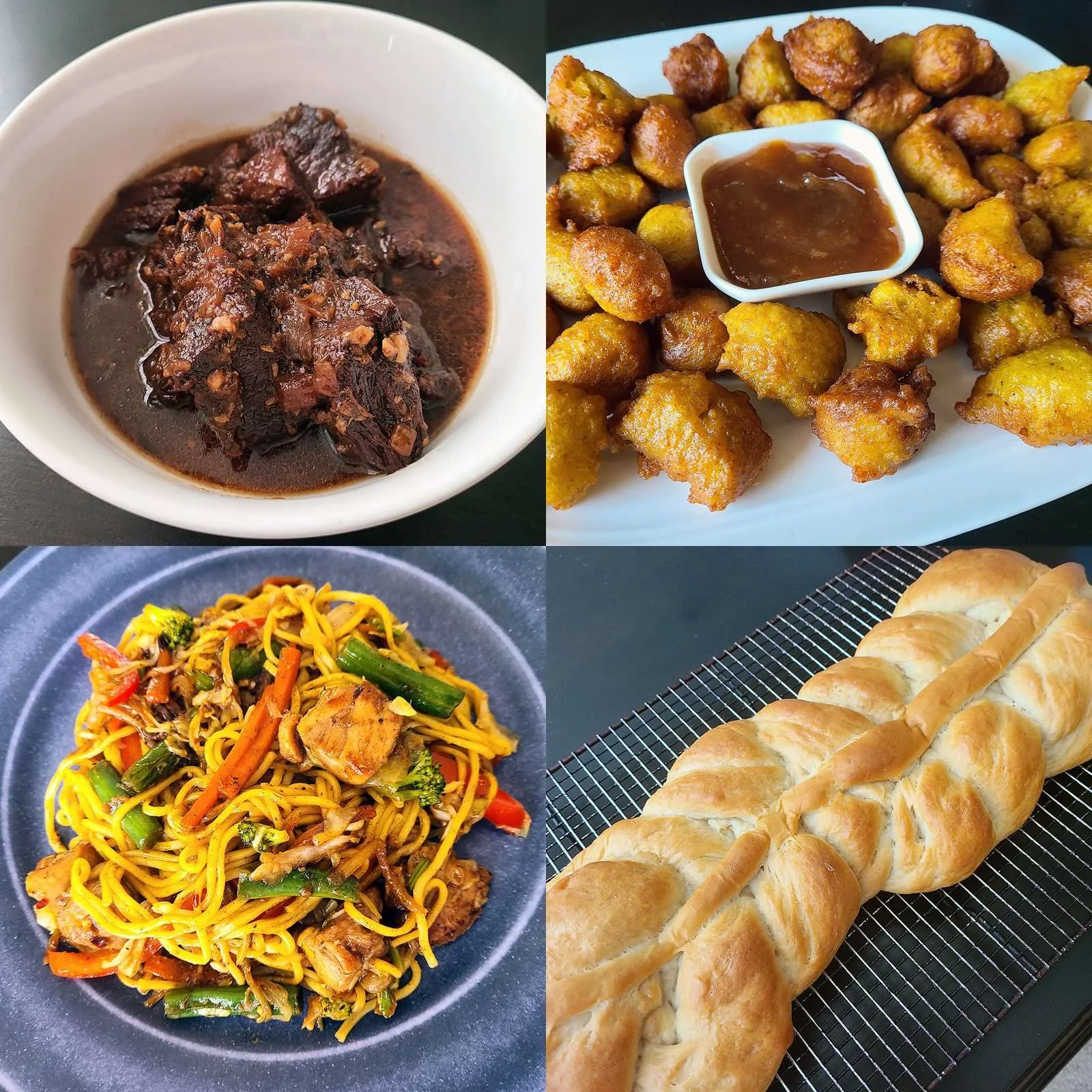 A festive Guyanese spread with pepperpot, roti, rice and sweet breads