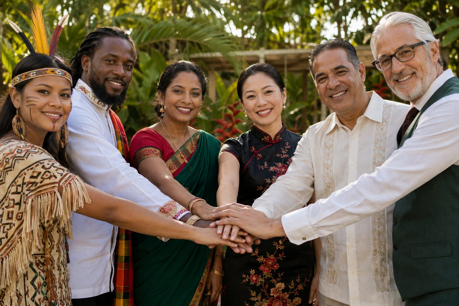 Six people in the dress of Guyana's six ancestries, hands stacked together