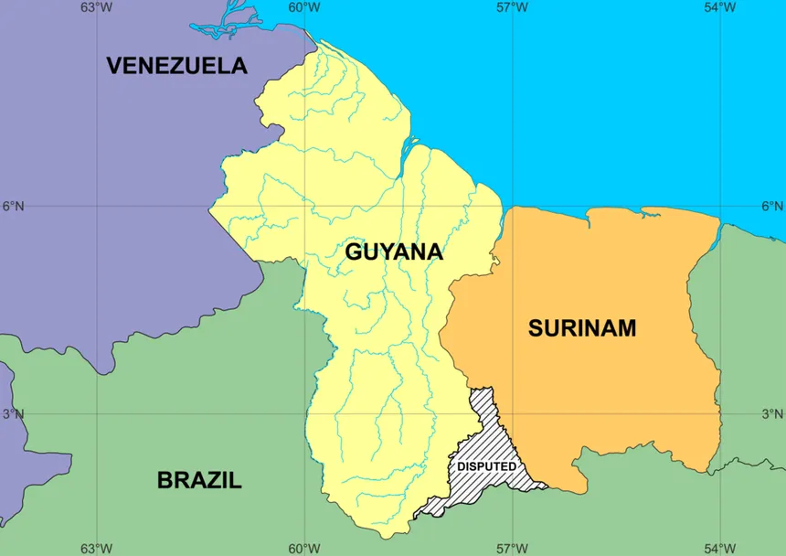 A map of South America with the Guyanese flag pinned at Georgetown